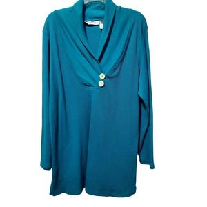 Roaman's Womens Waffle Knit Top Size L Blue Teal Double Button Shawl Collar